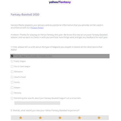 Yahoo fantasy baseball survey = 5 STARS!